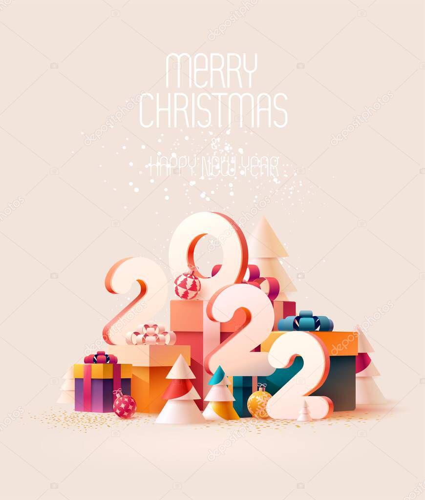 Happy New year poster 2022. White numbers with colorful gift boxes and Christmas decoration. Bright greeting card design.