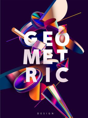 Renkli yanardöner geometrik şekiller. Parlak küpler, daireler, koniler ve çizgilerin bileşimi. Soyut poster tasarımı.