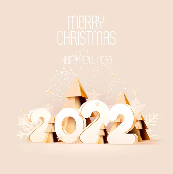 New Year 2022 Lettering Design Golden Christmas Trees Greeting Card — Vetor de Stock