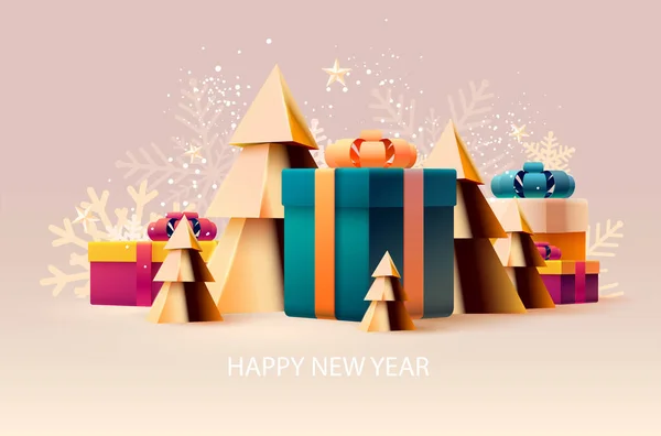 Feliz Año Nuevo Cartel Números Blancos Con Cajas Regalo Árbol — Vector de stock