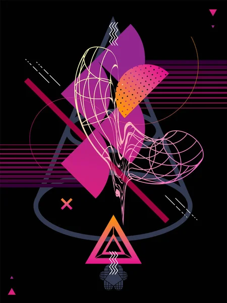レトロな未来主義とサイバーパンクのポスターデザイン グリッチ効果のある3D形状 — ストックベクタ