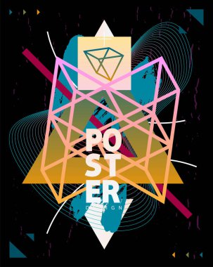 Sanat geometrik poster tasarımı. Geçmişe dönük fütürizm ve siber punk tarzı. Web, reklam ve kapaklar için grafiksel kompozisyon.
