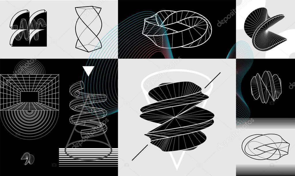 Retro futurism and cyberpunk 3D geometric shapes. Modern monochrome set . Abstract digital elements for web banner, posters, cover design, futuristic memphis.
