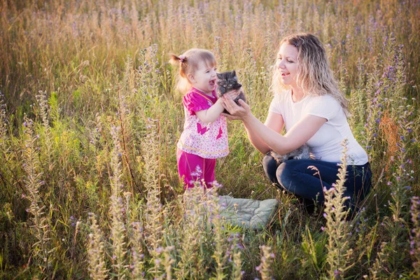 Moeder, dochter en het kitten — Stockfoto