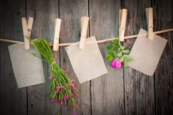 Herbes médicinales et papier attacher à la corde avec des épingles à linge sur fond en bois — Photo