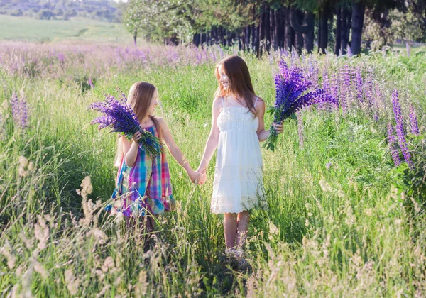 Twee schattig meisje met bloemen buiten — Stockfoto