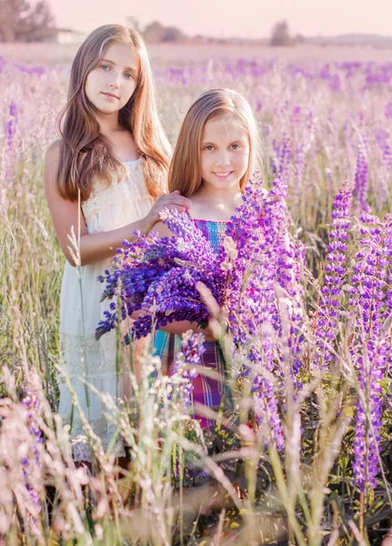 Two adorable girl with flowers outdoor — Stock Photo, Image
