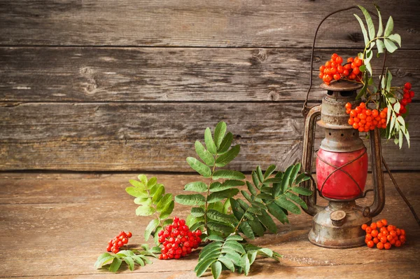 Still life with old lamp and ashberry on wooden background — Stock Photo, Image