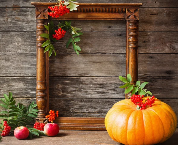 Pumpkin with berries on wooden background — Stock Photo, Image