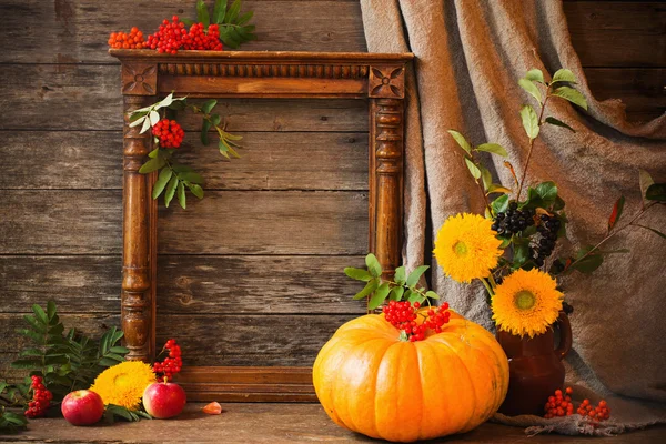 Pumpkin with berries on wooden background — Stock Photo, Image