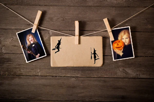 Halloween images on wooden background — Stock Photo, Image