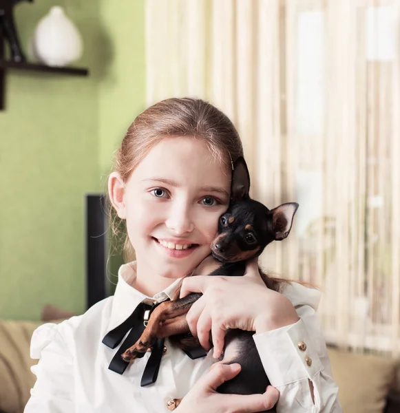 Sorriso menina com brinquedo terrier — Fotografia de Stock