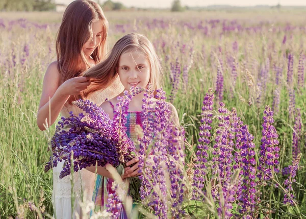 Dvě roztomilé dívky s květy, venkovní — Stock fotografie