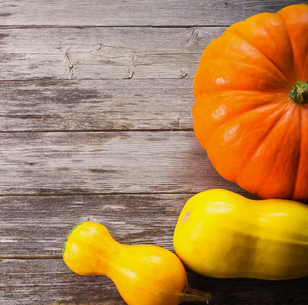 Najaar pompoenen met bladeren op een houten bord — Stockfoto