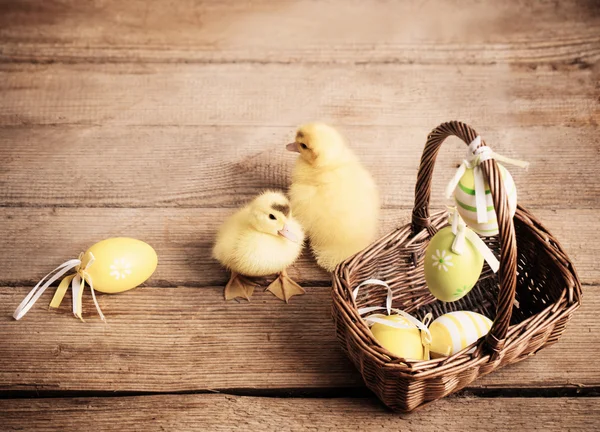 Goslings con huevos de Pascua sobre fondo de madera —  Fotos de Stock