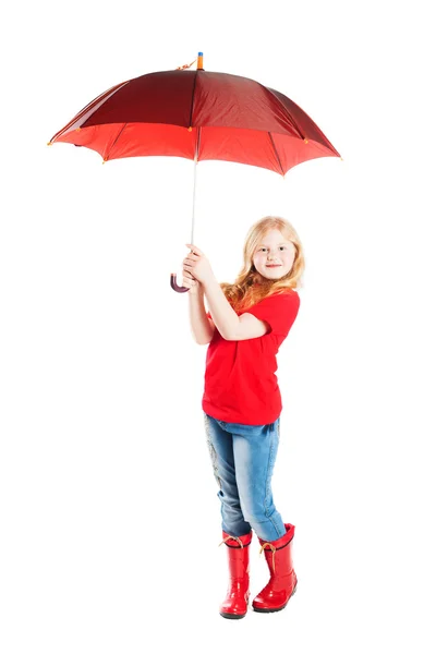 Menina com guarda-chuva isolado no branco — Fotografia de Stock