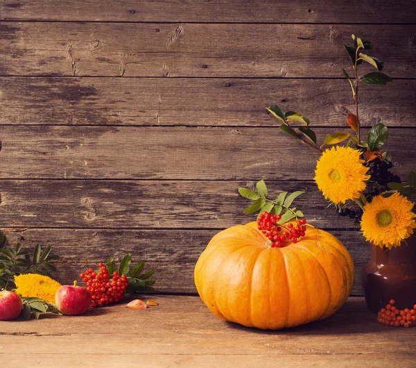 Zucca con bacche su sfondo di legno — Foto Stock