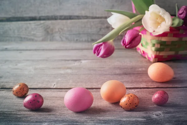 Tulipes et oeufs de Pâques sur fond en bois — Photo