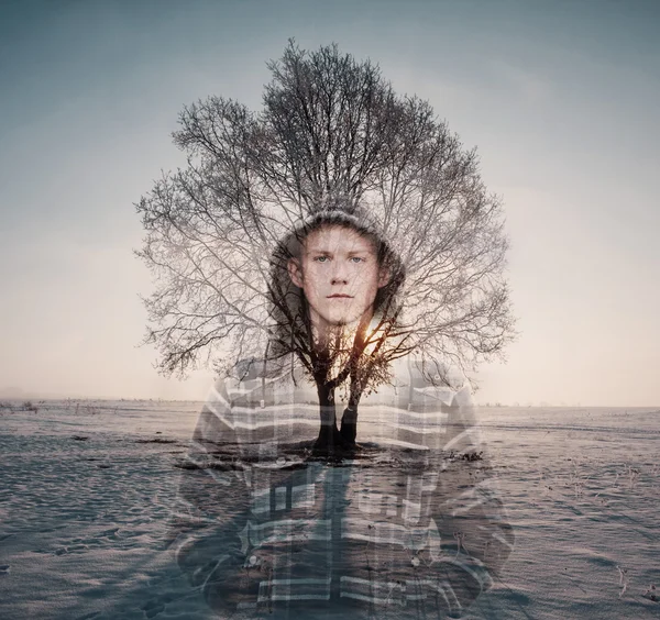 Double exposure portrait of young man — Stock Photo, Image