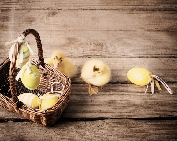 Goslings with easter eggs on wooden background — Stock Photo, Image