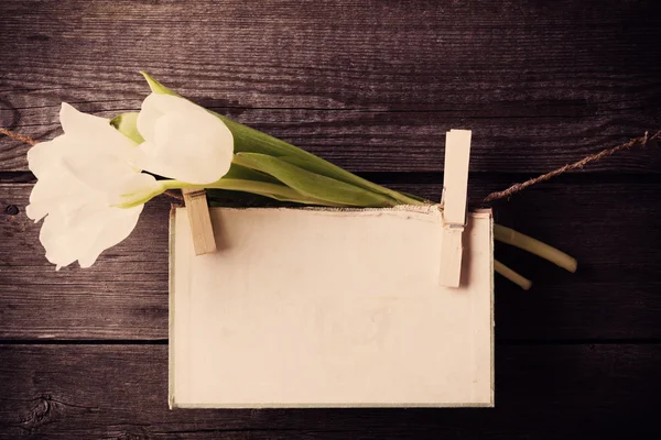 Carta attaccata alla corda con spilli e tulipani su bac di legno — Foto Stock