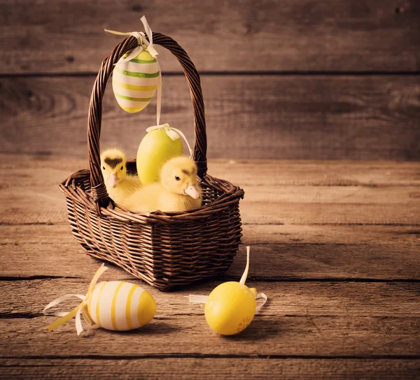 Goslings con huevos de Pascua sobre fondo de madera —  Fotos de Stock