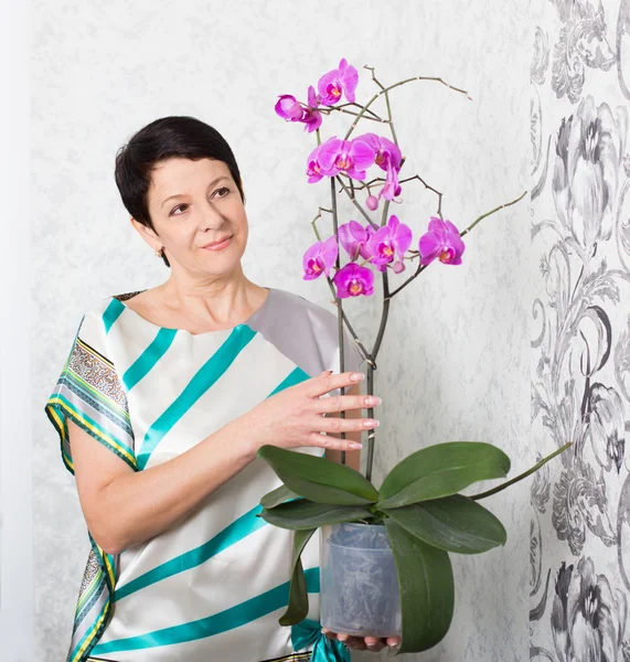 Mature woman with Phalaenopsis orchid indoor — Stock Photo, Image