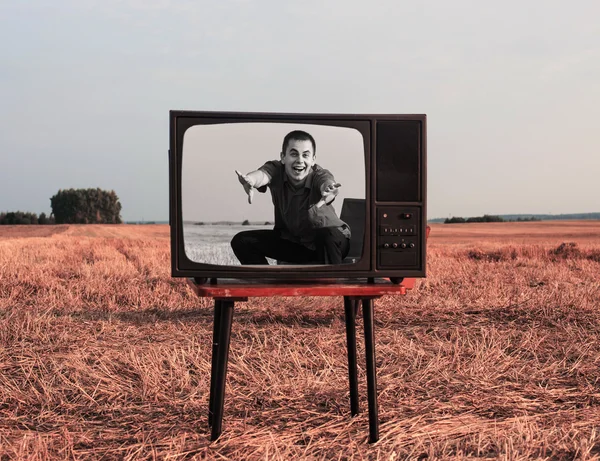 Young men with TV in summer field — Stock Photo, Image