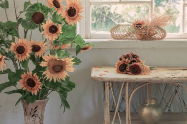 Old white interior with sunflower clipart