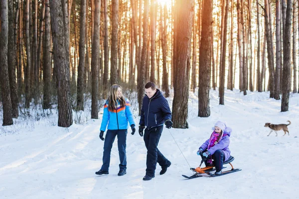 Lycklig familj i vinterskogen — Stockfoto