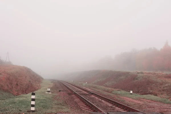 Spoorweg track in de mist — Stockfoto