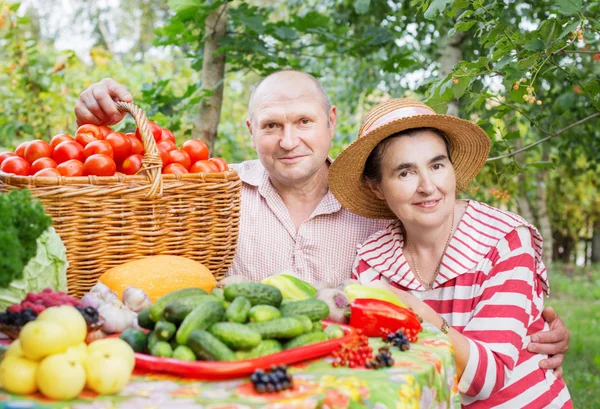 Älteres Ehepaar mit Gemüse im Freien — Stockfoto