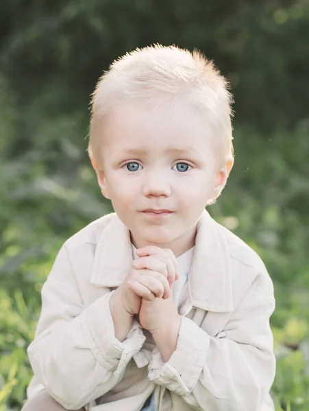 Little Happy Blond Boy Outdoor Sunny Summer Day — Stock Photo, Image