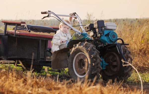 Legrační Malý Chlapec Procházka Traktor Terénu — Stock fotografie