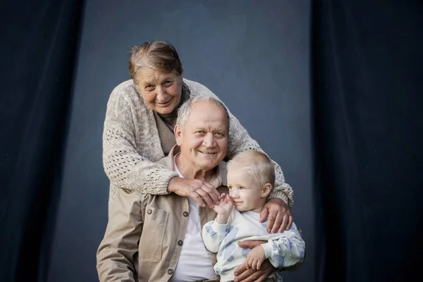 Great Grandmother Great Grandfather Great Grandson Blue Background — Stock Photo, Image