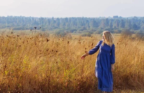Gün Batımında Tarlada Mavi Elbiseli Sarışın Genç Kadın — Stok fotoğraf