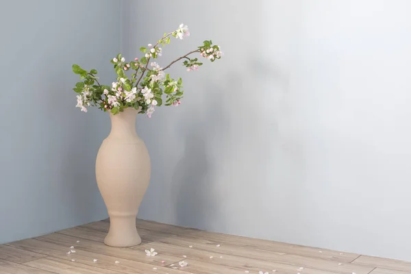 Branches Apple Tree Flowers Floor Vase Gray Wall — Stock Photo, Image