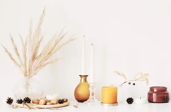 Autumn Home Decorations Burning Candles — Stock Photo, Image