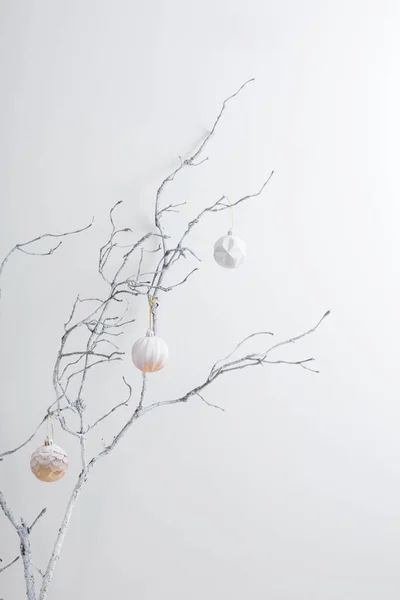 白い壁の背景に金色と白色のボールを持つクリスマスの枝 — ストック写真