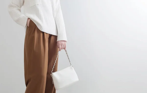 Modern Girl White Sweater Brown Pants White Room — Stock Photo, Image