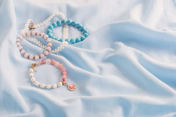 Bracelets Made Natural Stones Blue Silk Fabric — Stock Photo, Image