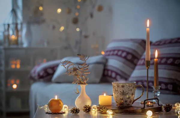 Christmas Home Decorations Candles White Interior — Stock Photo, Image