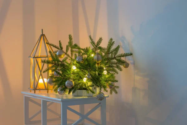 多色照明の壁を背景にモミの枝のクリスマスの配置 — ストック写真