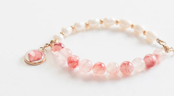 Pink White Bracelet Made Natural Stones White Background — Stock Photo, Image