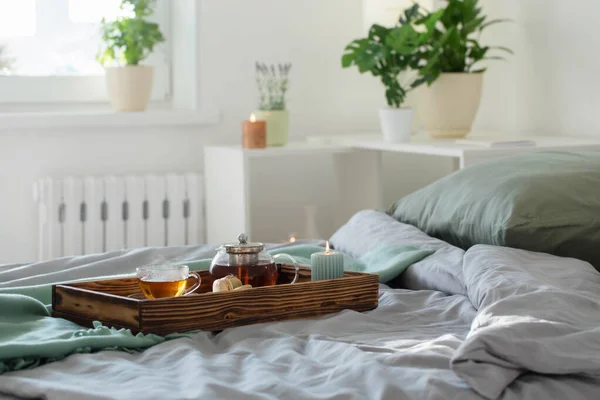Tea Wooden Tray Bed Home — Fotografia de Stock