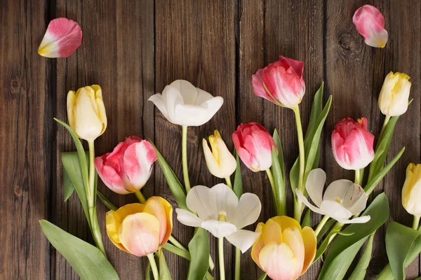 Hermosos Tulipanes Sobre Fondo Viejo Madera Oscura —  Fotos de Stock