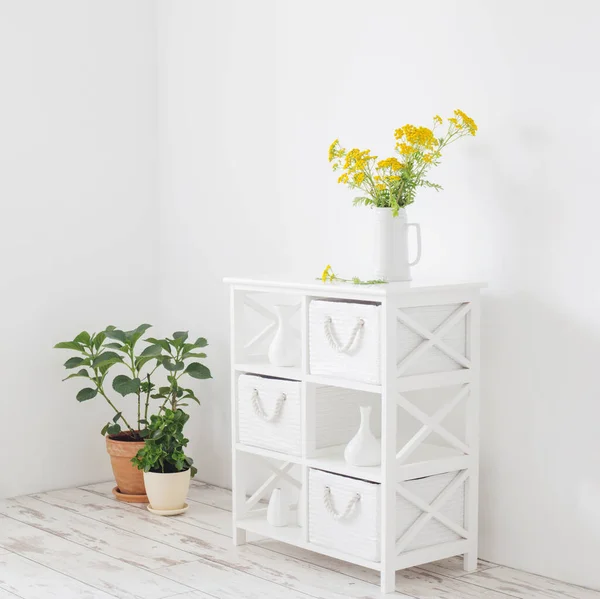 Beyaz Mahsulün Içindeki Sürahide Sarı Vahşi Yaz Çiçekleri — Stok fotoğraf