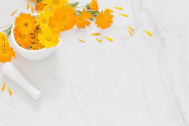 Beyaz mermer arka planda turuncu kadife çiçekleri