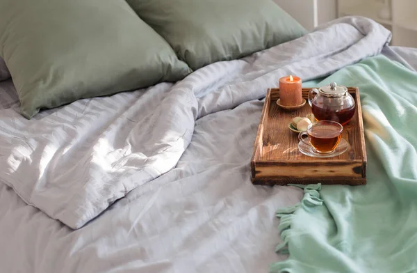 Tea Wooden Tray Bed Home — Stockfoto