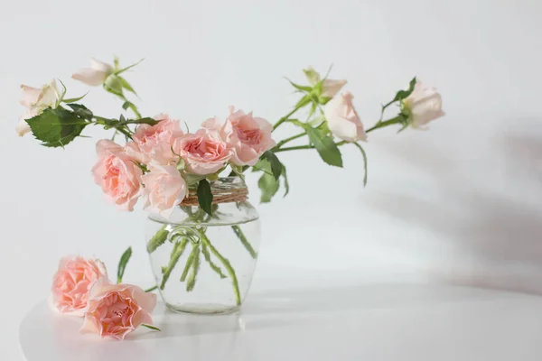 Рожеві Троянди Скляній Банці Білому Сучасному Столі Фоні Білої Стіни — стокове фото
